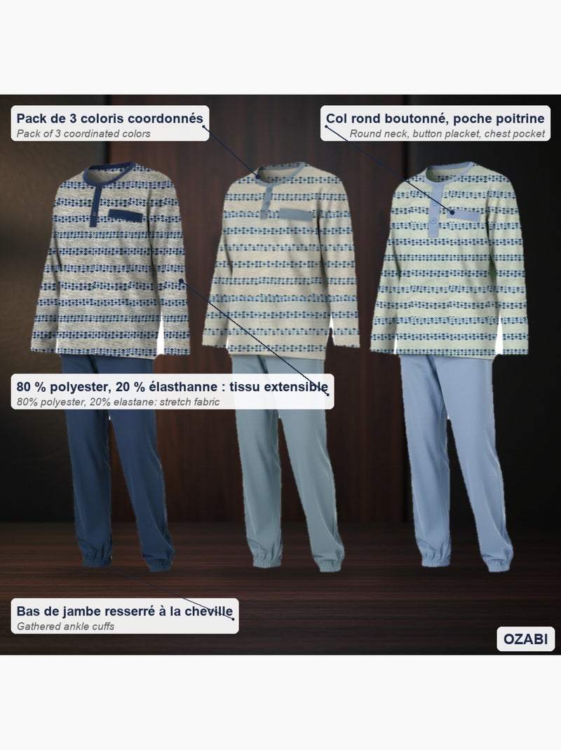Pack de 3 pijamas homem compridos ozabi gola abotoada estampado Cinza-verde - Kiabi