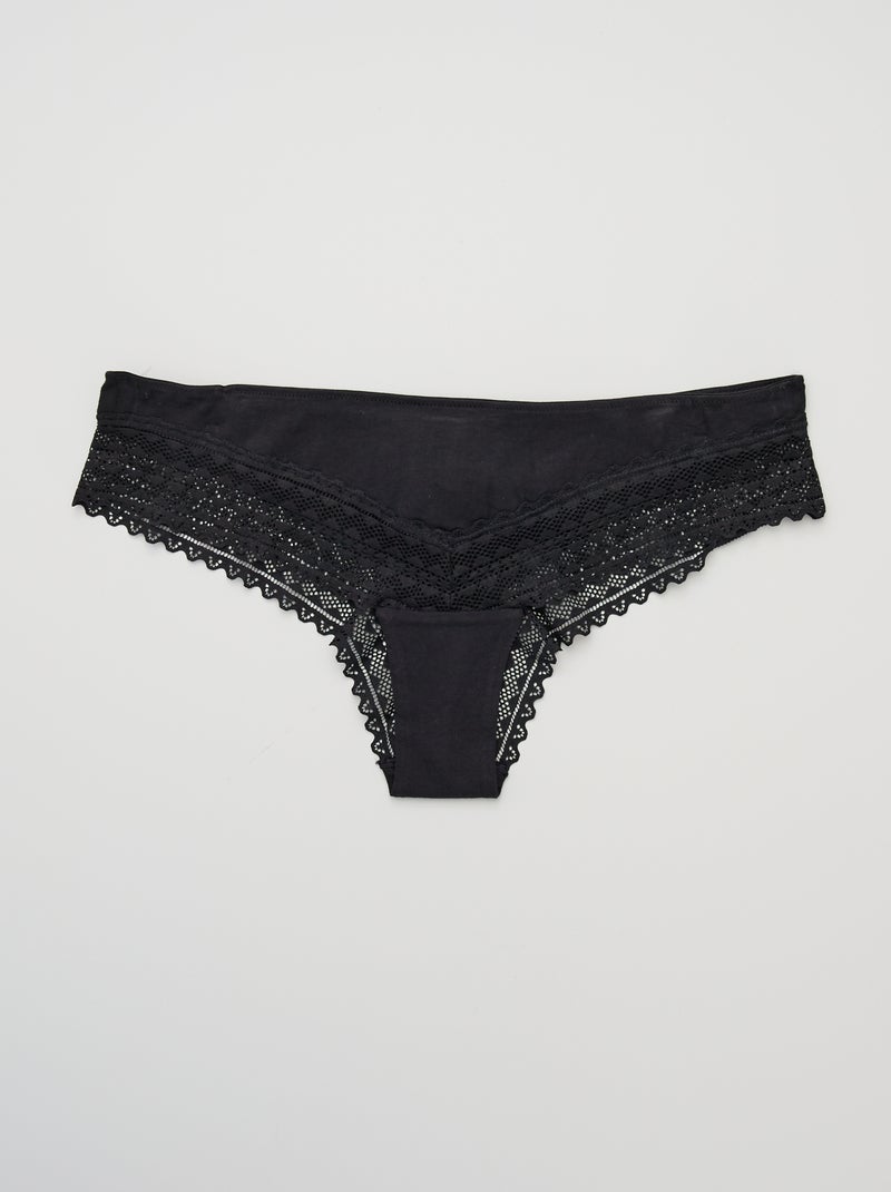 Pack de 3 tangas de algodão e renda PRETO - Kiabi