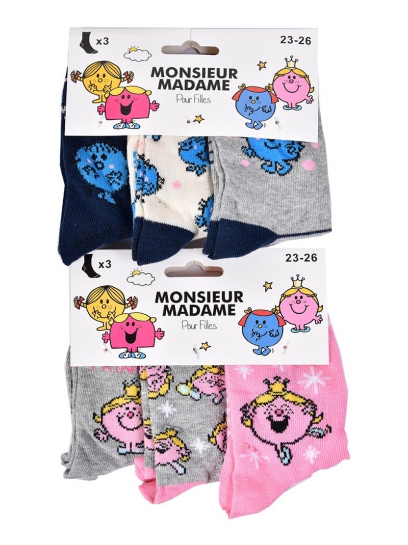Pack de 6 Meias Rapariga MONSIEUR MADAME Azul Rosa Cinza - Kiabi