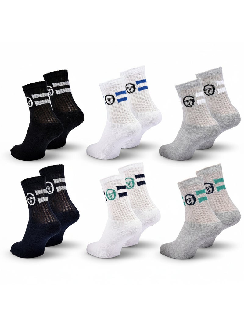 Pack de Meias Criança Tennis Crew SERGIO TACCHINI - 6 Pares Preto Cinza Branco - Kiabi