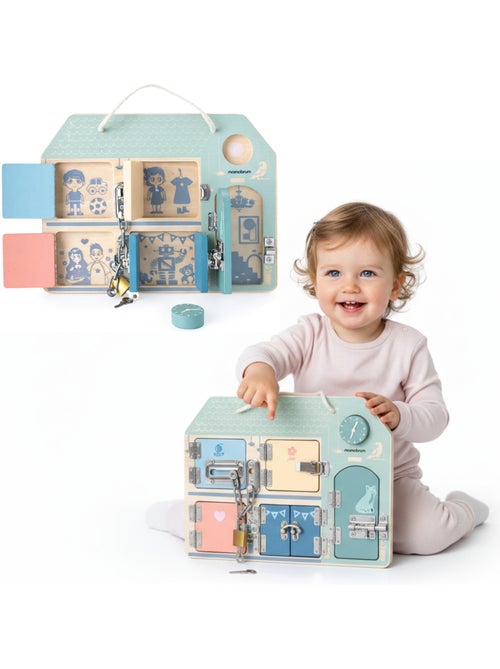 Painel sensorial madeira casa 30x22cm 5 fechaduras relogio mamabrum - Kiabi Painel sensorial madeira casa 30x22cm 5 fechaduras relogio mamabrum - Kiabi