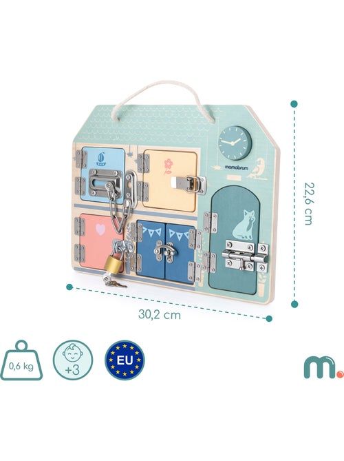 Painel sensorial madeira casa 30x22cm 5 fechaduras relogio mamabrum - Kiabi Painel sensorial madeira casa 30x22cm 5 fechaduras relogio mamabrum - Kiabi