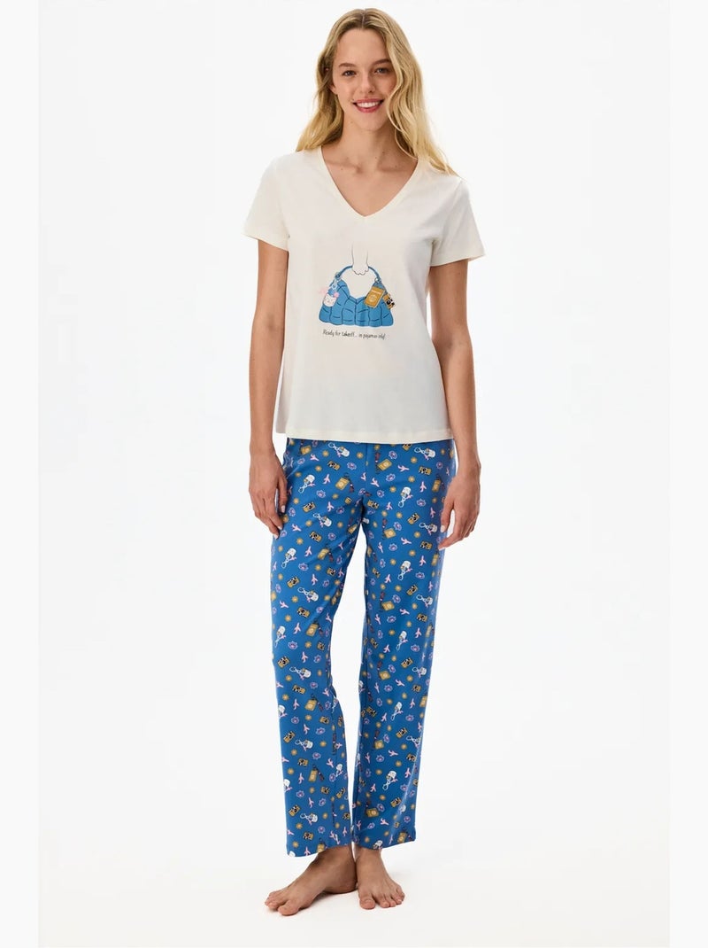 Pajamas only conjunto de pijama com calça estampada e manga curta penti Azul Branco - Kiabi