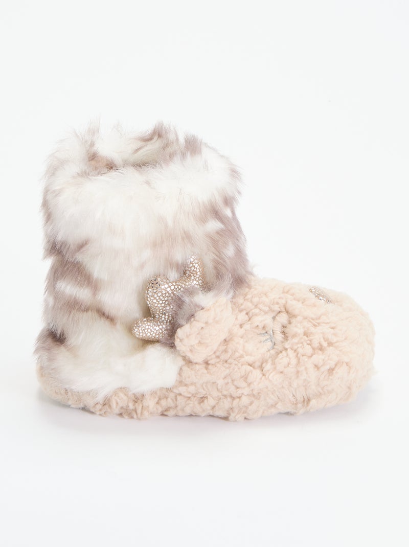 Pantufas botim em tecido felpudo 'rena' Bege - Kiabi