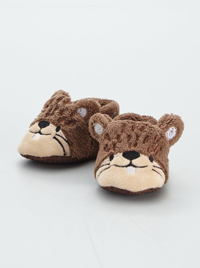 Pantufas em malha suave com animal 'castor' Marrom - Kiabi