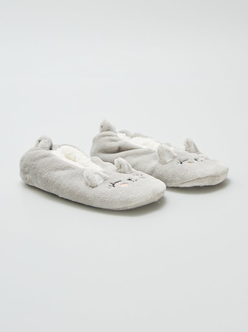 Pantufas em polar com desenho 'gato' CINZA - Kiabi