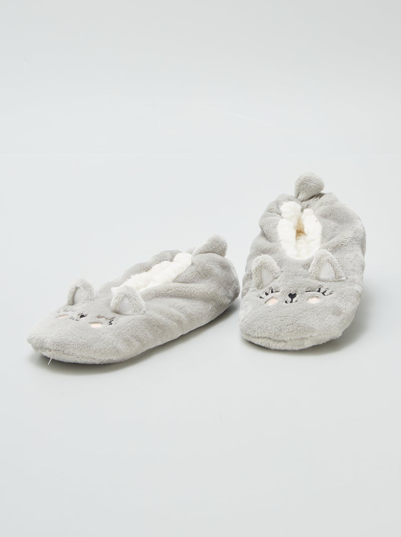 Pantufas em polar com desenho 'gato' CINZA - Kiabi