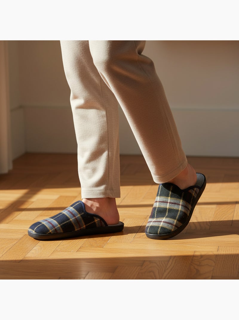 Pantufas mules para homem ozabi fabricadas em espanha, gáspea jacquard xadrez escocês Azul-acinzentado - Kiabi