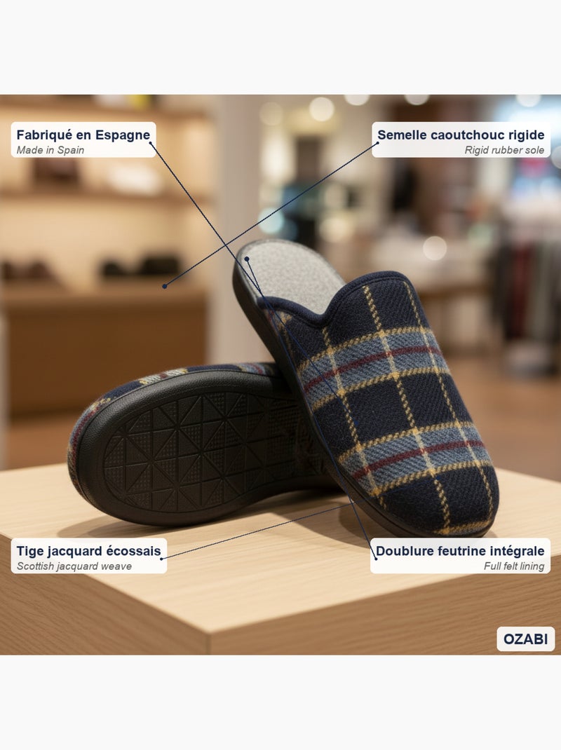 Pantufas mules para homem ozabi fabricadas em espanha, gáspea jacquard xadrez escocês Azul-acinzentado - Kiabi