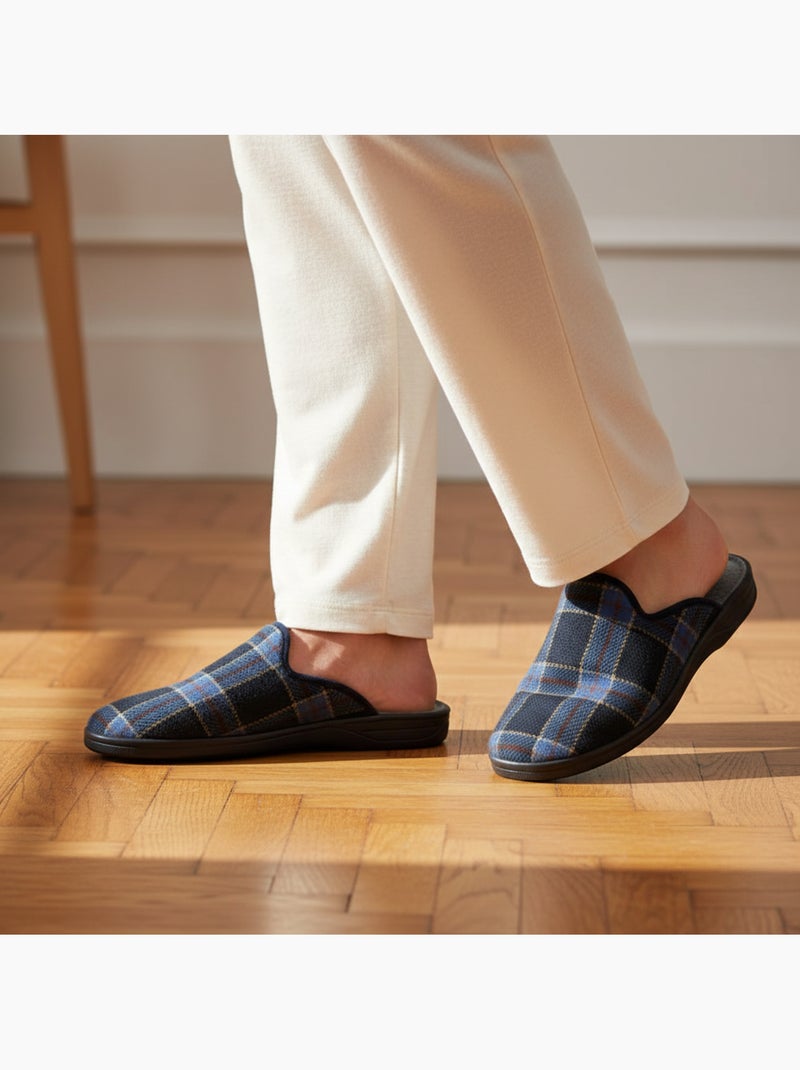 Pantufas mules para homem ozabi fabricadas em espanha, gáspea jacquard xadrez escocês Azul-marinho - Kiabi