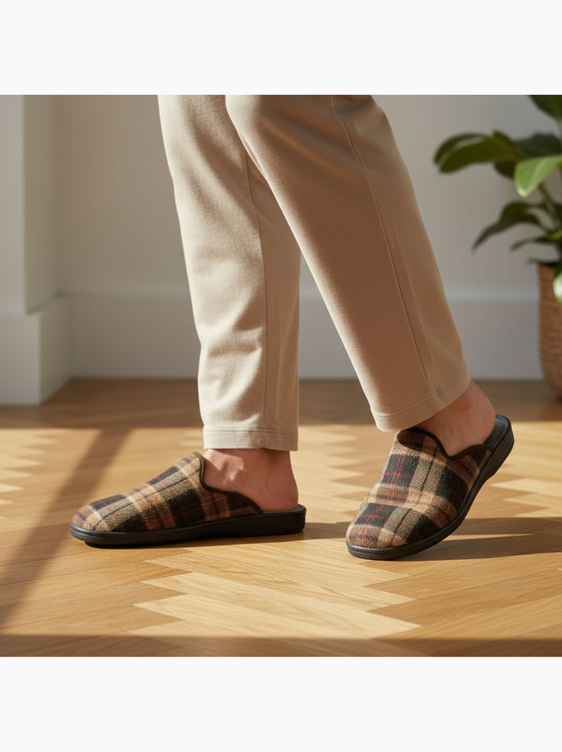 Pantufas mules para homem ozabi fabricadas em espanha, gáspea jacquard xadrez escocês Castanho - Kiabi