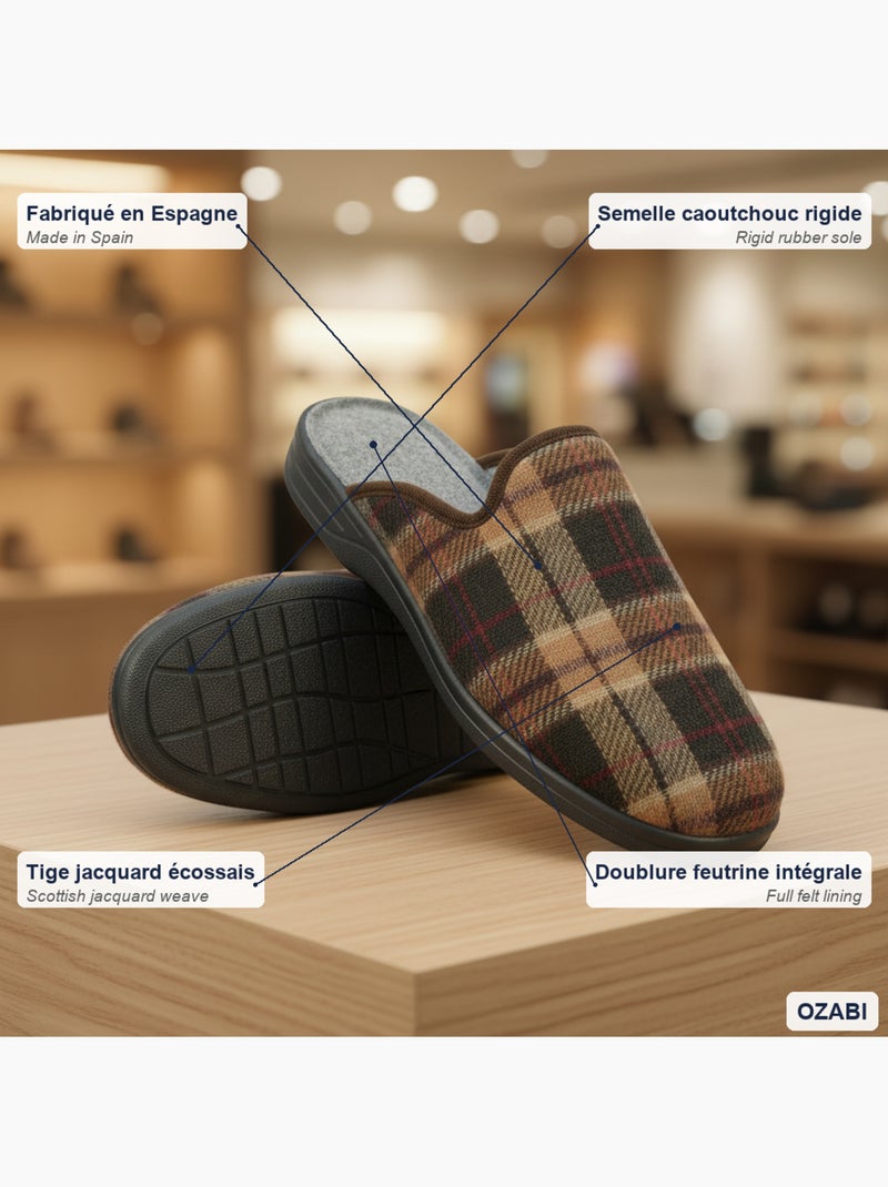 Pantufas mules para homem ozabi fabricadas em espanha, gáspea jacquard xadrez escocês Castanho - Kiabi