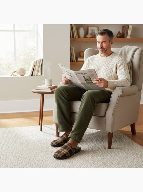 Pantufas mules para homem ozabi fabricadas em espanha, gáspea jacquard xadrez escocês - Kiabi Pantufas mules para homem ozabi fabricadas em espanha, gáspea jacquard xadrez escocês - Kiabi