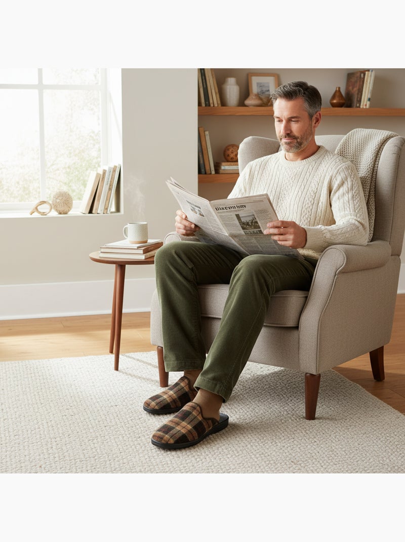 Pantufas mules para homem ozabi fabricadas em espanha, gáspea jacquard xadrez escocês Castanho - Kiabi