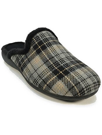 Pantufas mules para homem ozabi fabricadas em espanha, gáspea jacquard xadrez escocês