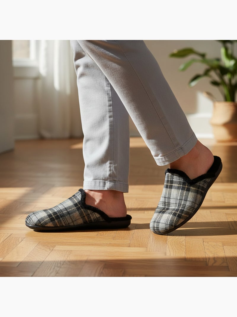 Pantufas mules para homem ozabi fabricadas em espanha, gáspea jacquard xadrez escocês Cinza antracite - Kiabi