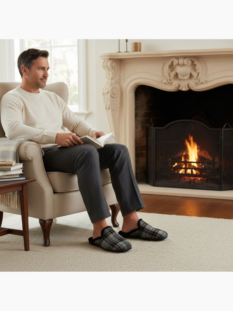 Pantufas mules para homem ozabi fabricadas em espanha, gáspea jacquard xadrez escocês Cinza antracite - Kiabi
