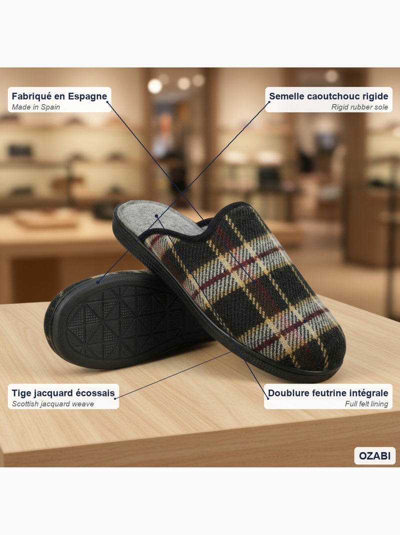 Pantufas mules para homem ozabi fabricadas em espanha, gáspea jacquard xadrez escocês Preto - Kiabi