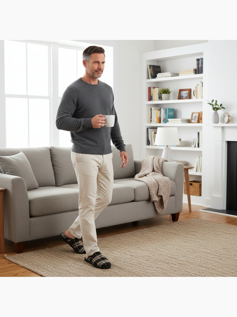 Pantufas mules para homem ozabi fabricadas em espanha, gáspea jacquard xadrez escocês Preto - Kiabi