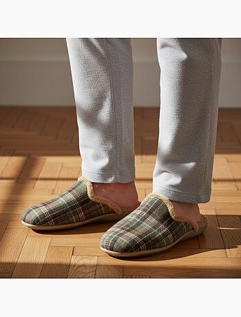 Pantufas mules para homem ozabi fabricadas em espanha, gáspea jacquard xadrez escocês