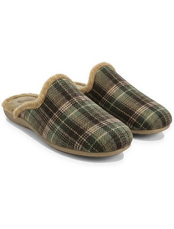Pantufas mules para homem ozabi fabricadas em espanha, gáspea jacquard xadrez escocês