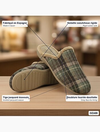Pantufas mules para homem ozabi fabricadas em espanha, gáspea jacquard xadrez escocês