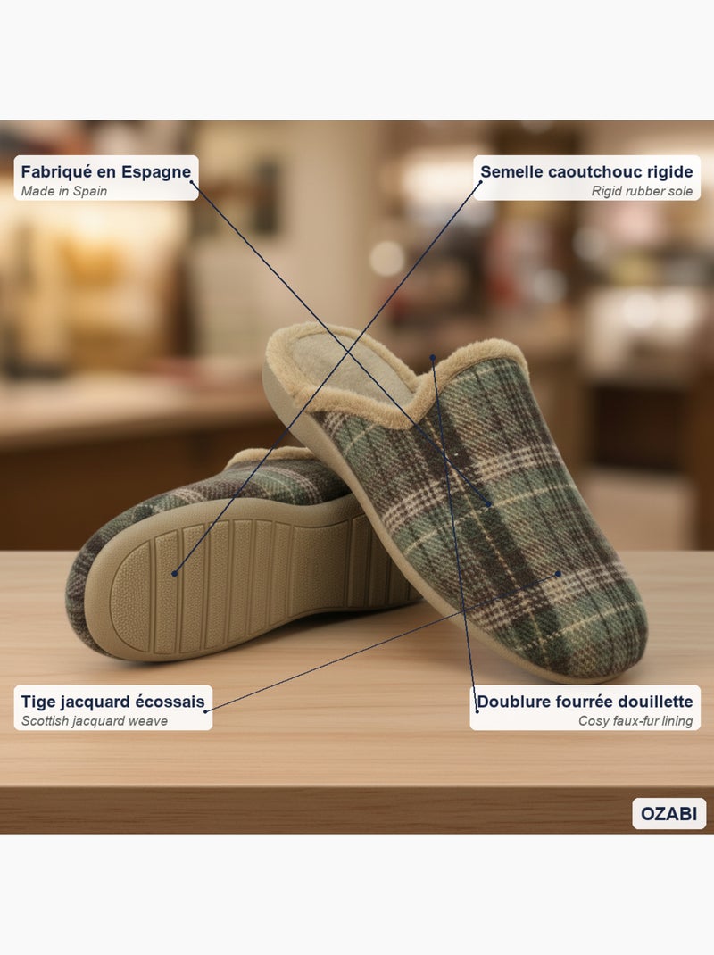 Pantufas mules para homem ozabi fabricadas em espanha, gáspea jacquard xadrez escocês Toupe - Kiabi