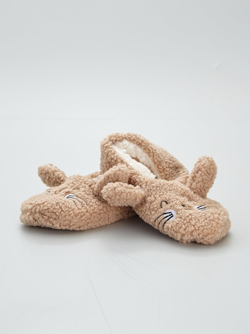 Pantufas tipo sabrinas efeito lã de carneiro 'gato' BEGE - Kiabi