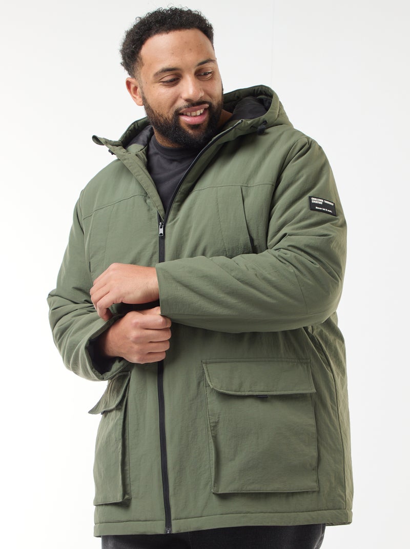 Parka com capuz e bolsos de patch com dupla entrada forrados a polar Verde - Kiabi