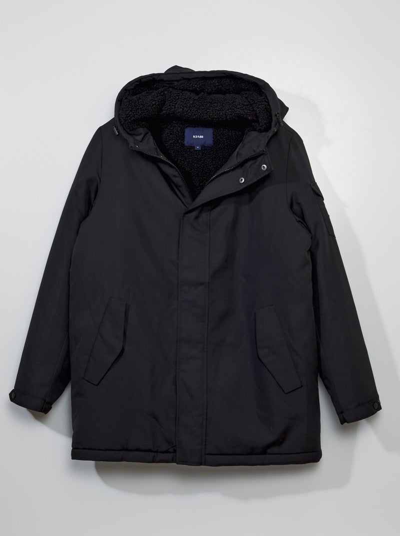 Parka com capuz forrada a efeito lã de carneiro Preto - Kiabi