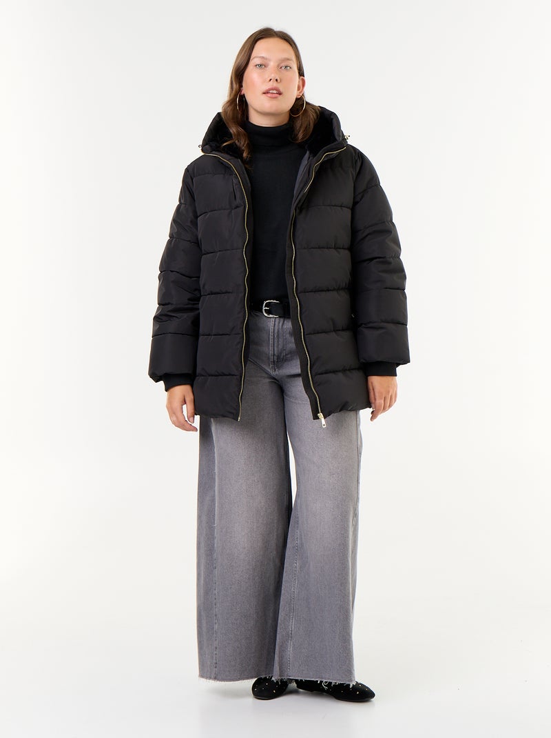 Parka com capuz forrada em pelo sintético Preto - Kiabi
