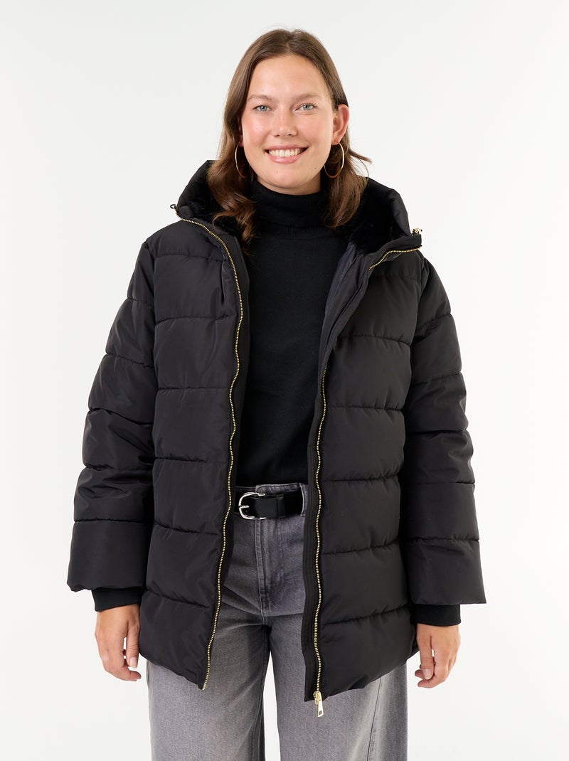 Parka com capuz forrada em pelo sintético Preto - Kiabi
