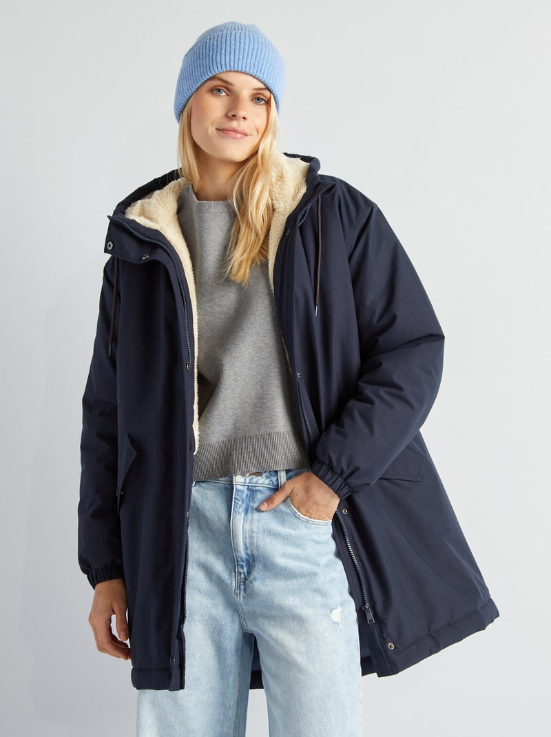 Parka com capuz forrado a efeito lã de carneiro AZUL - Kiabi