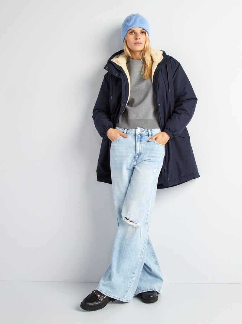 Parka com capuz forrado a efeito lã de carneiro AZUL - Kiabi