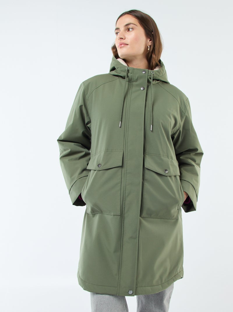 Parka comprida com capuz e forro efeito shearling Verde - Kiabi