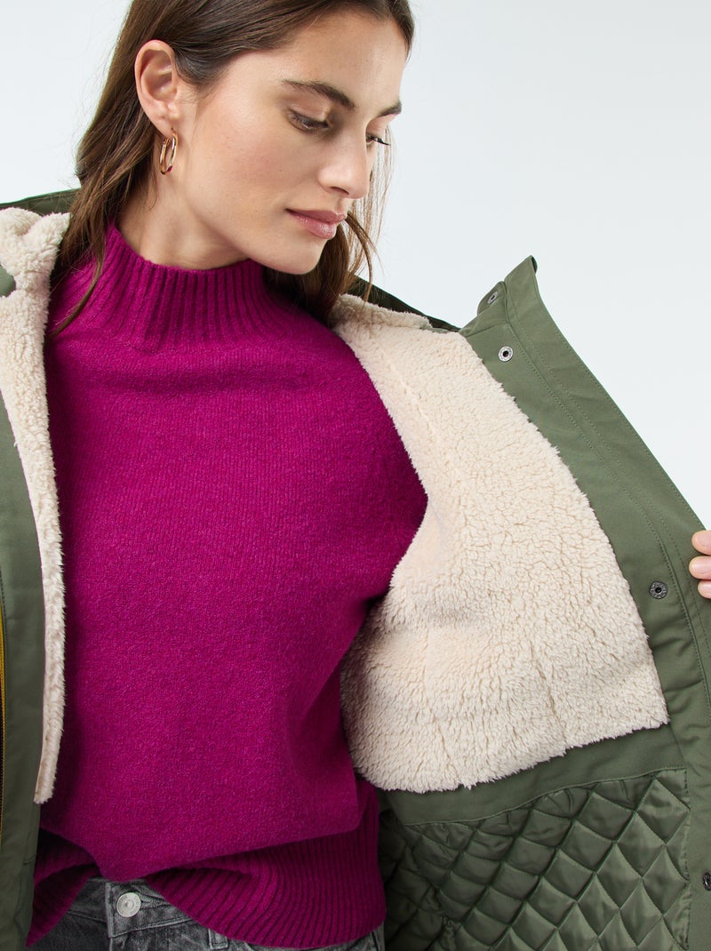 Parka comprida com capuz e forro efeito shearling Verde - Kiabi