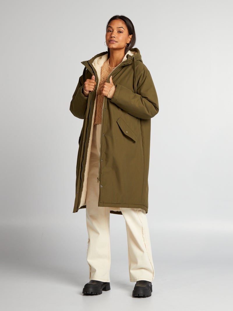 Parka forrada a efeito lã de carneiro com capuz VERDE - Kiabi