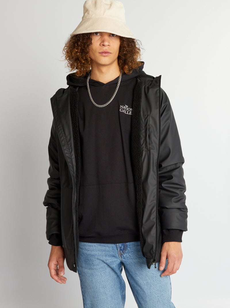 Parka impermeável com capuz efeito lã de carneiro Preto - Kiabi