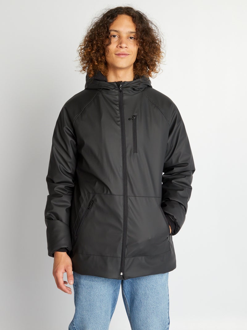 Parka impermeável com capuz efeito lã de carneiro Preto - Kiabi