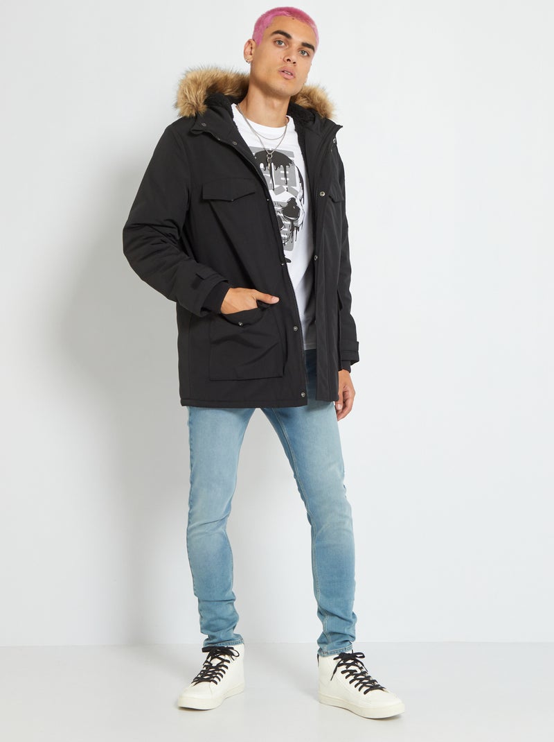 Parka lisa com capuz PRETO - Kiabi