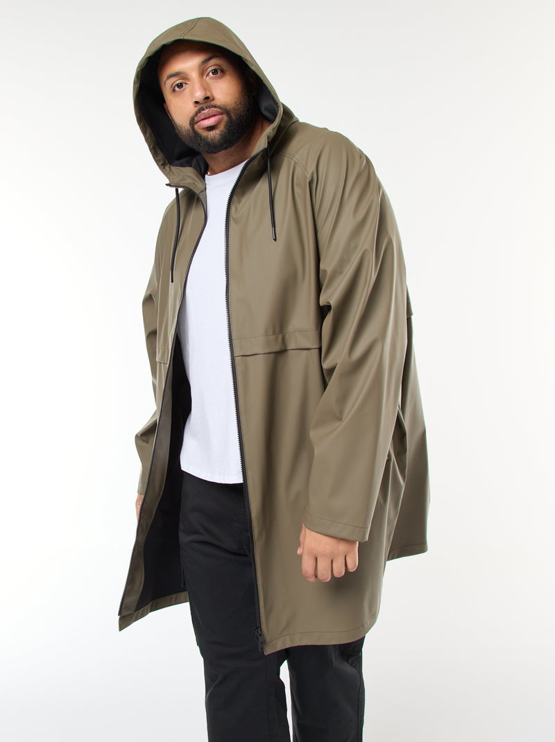 Parka lisa comprida e repelente de água com capuz Caqui - Kiabi