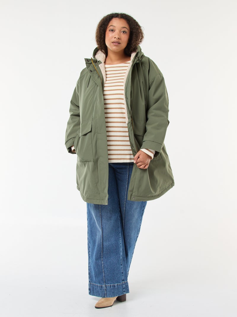 Parka repelente à água com capuz efeito pele de carneiro Verde - Kiabi