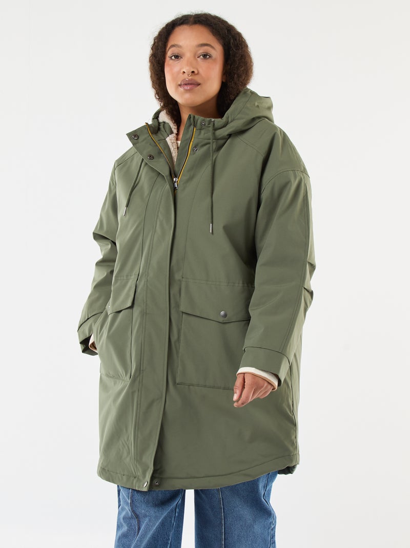 Parka repelente à água com capuz efeito pele de carneiro Verde - Kiabi
