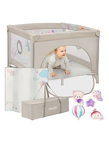 Parque 100x100cm LIONELO Mille - Colchão alta densidade - Rodas - Brinquedos velcro - 0-36 meses