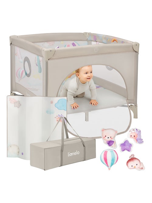 Parque 100x100cm LIONELO Mille - Colchão alta densidade - Rodas - Brinquedos velcro - 0-36 meses - Kiabi Parque 100x100cm LIONELO Mille - Colchão alta densidade - Rodas - Brinquedos velcro - 0-36 meses - Kiabi
