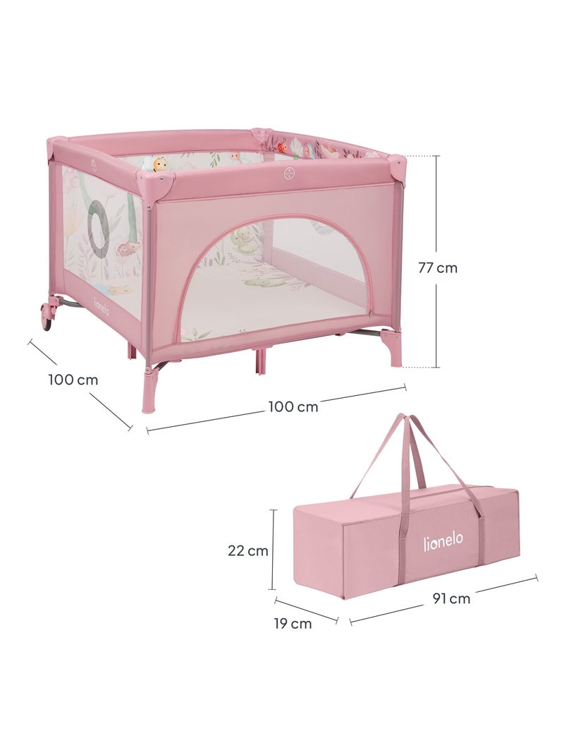 Parque 100x100cm LIONELO Mille - Colchão alta densidade - Rodas - Brinquedos velcro - 0-36 meses Rosa - Kiabi