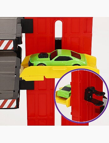 Parque de estacionamento de 3 níveis com carros de helicóptero e de metal teamsterz