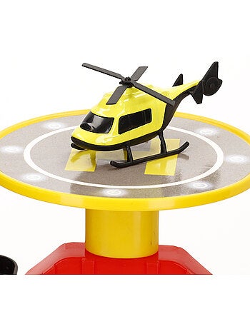 Parque de estacionamento de 3 níveis com carros de helicóptero e de metal teamsterz