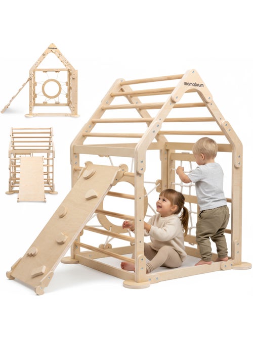 Parque infantil de madeira para interior com casa, escadas, escorrega e parede de escalada - Kiabi