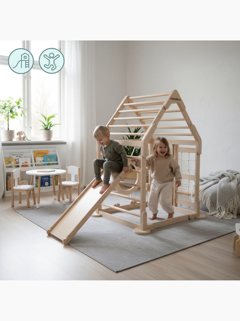 Parque infantil de madeira para interior com casa, escadas, escorrega e parede de escalada N/D - Kiabi